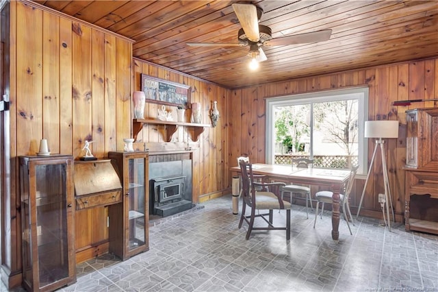 dining space with a wood stove, wood walls, wooden ceiling, and a ceiling fan