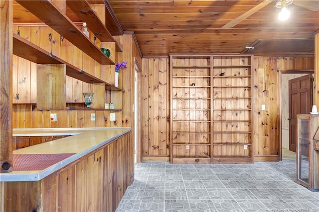 504 W 30th St, Lumberton, NC 28358 - kitchen featuring wooden walls, open shelves, and wooden ceiling