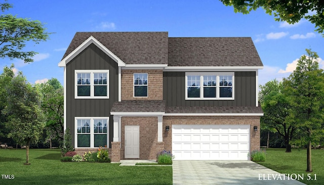 view of front of property featuring driveway, a front lawn, board and batten siding, and brick siding