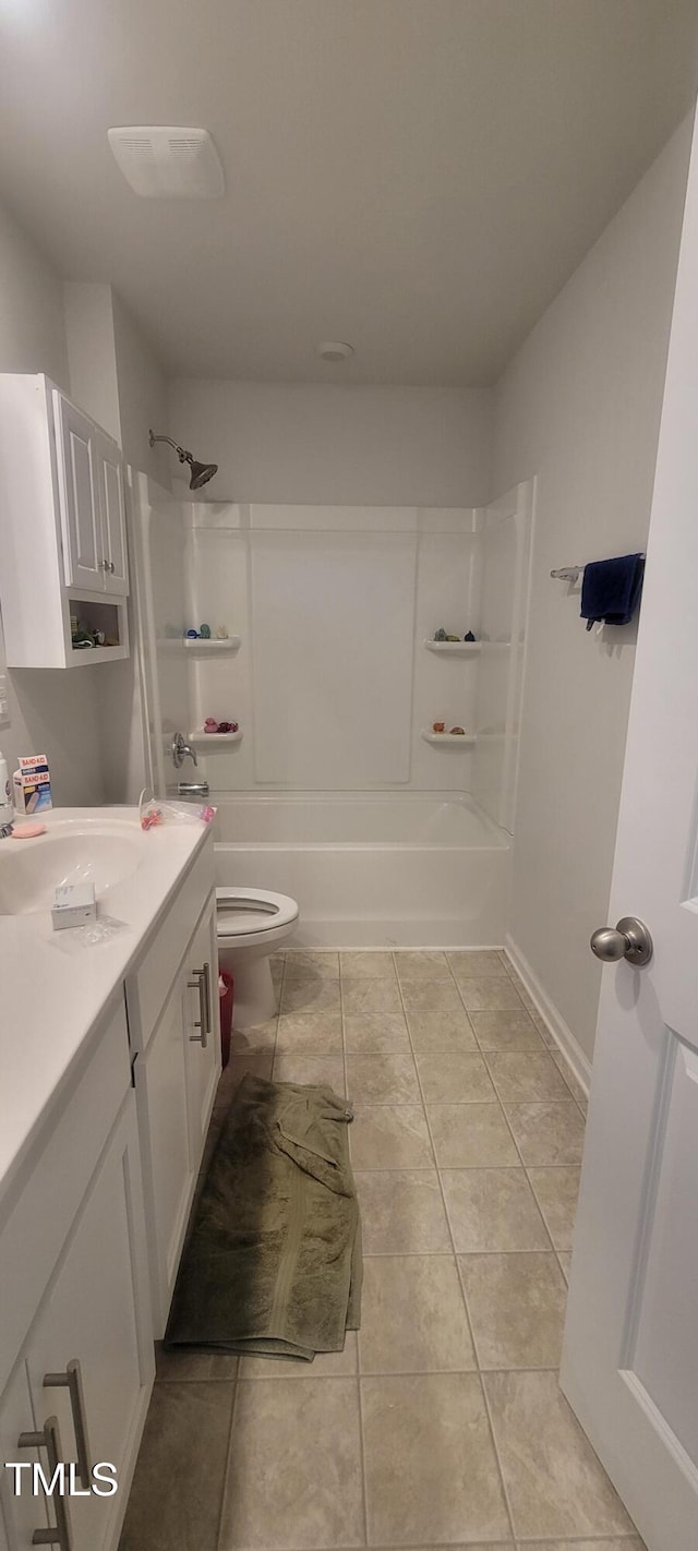 bathroom with shower / washtub combination, vanity, toilet, and tile patterned floors