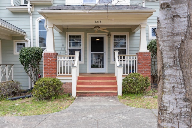 view of exterior entry featuring roof with shingles, a porch, and ceiling fan