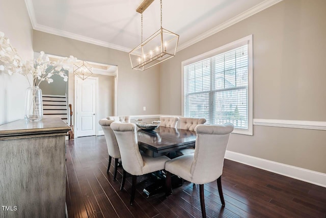 dining space with stairway, dark wood-style floors, and ornamental molding