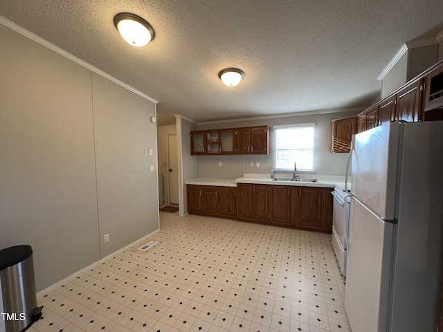 kitchen with stove, ornamental molding, freestanding refrigerator, light floors, and a sink