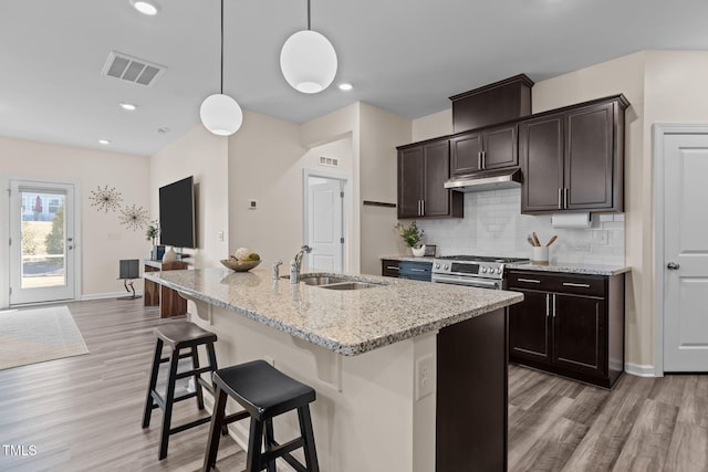 kitchen with under cabinet range hood, a sink, visible vents, tasteful backsplash, and gas range