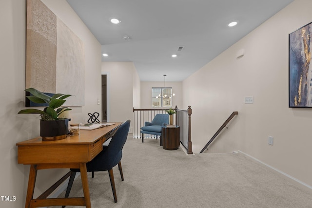 carpeted office space featuring recessed lighting and an inviting chandelier