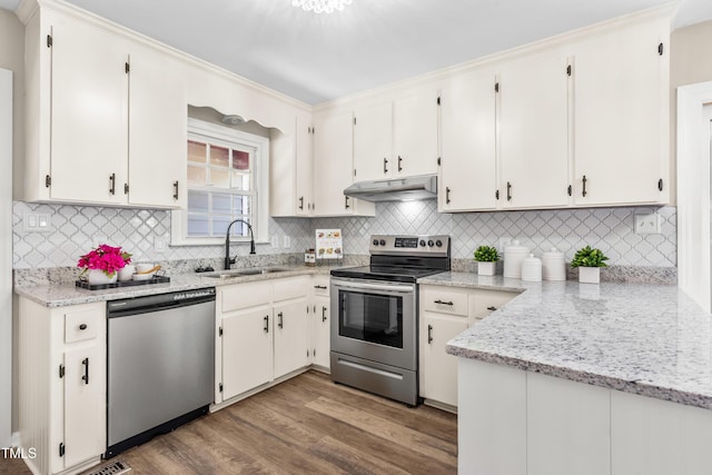 kitchen with a sink, under cabinet range hood, backsplash, wood finished floors, and appliances with stainless steel finishes