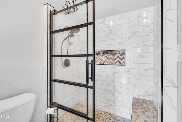 bathroom with toilet and a shower stall