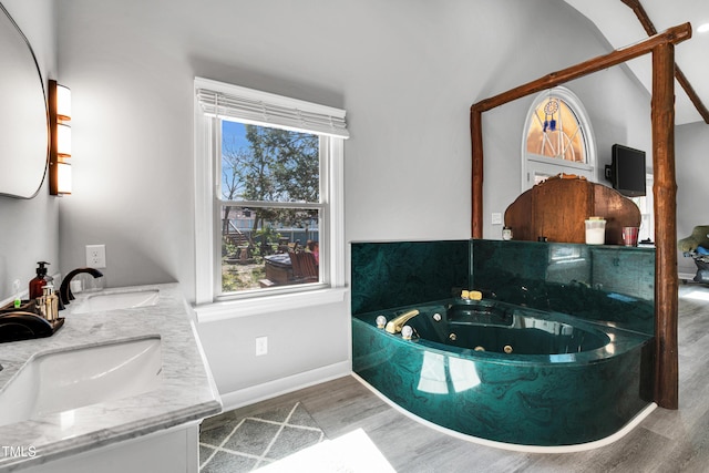 full bathroom featuring a tub with jets, wood finished floors, baseboards, and a sink