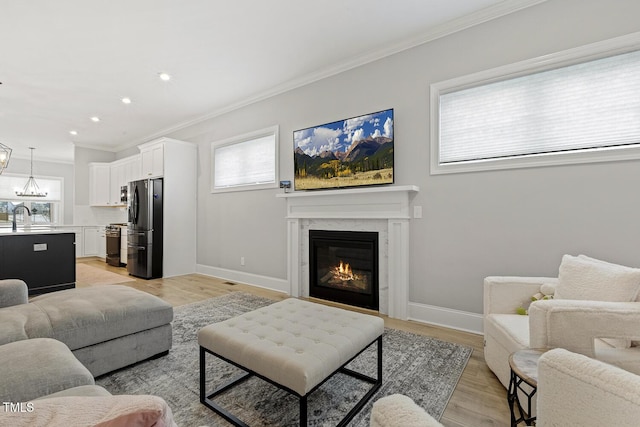 living area featuring baseboards, ornamental molding, light wood-type flooring, and a healthy amount of sunlight