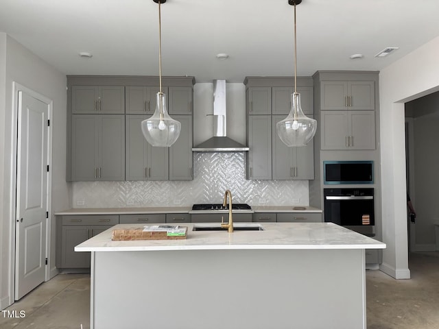 63 Daybreak Way, Fuquay Varina, NC 27526 - kitchen with gray cabinetry, wall chimney range hood, oven, and built in microwave