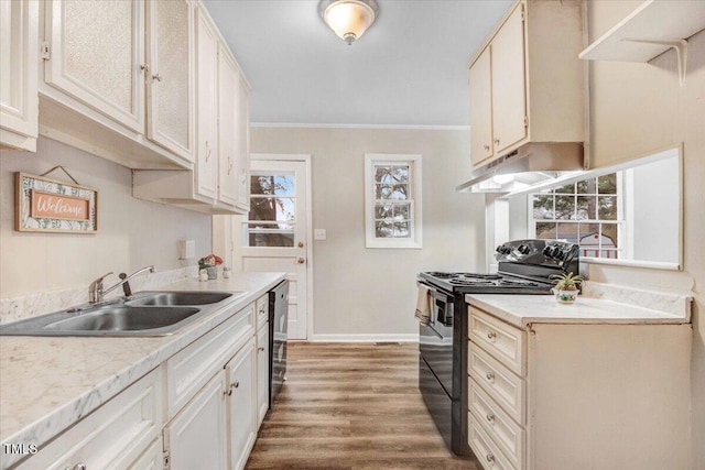 kitchen with black range with electric cooktop, under cabinet range hood, wood finished floors, a sink, and light countertops