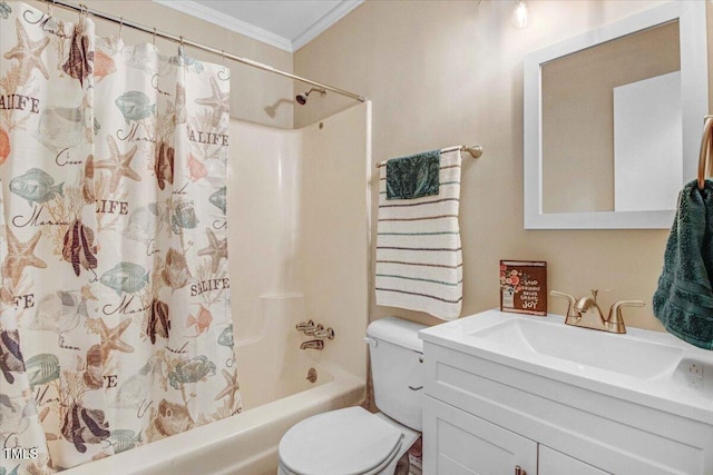 bathroom with shower / bath combo, crown molding, vanity, and toilet