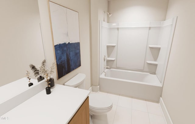 bathroom with toilet, tile patterned floors,  shower combination, and vanity