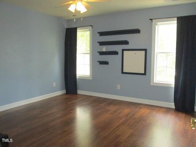 empty room with plenty of natural light, baseboards, and wood finished floors