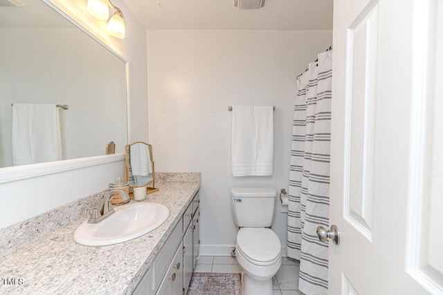 full bath featuring tile patterned floors, visible vents, toilet, baseboards, and vanity