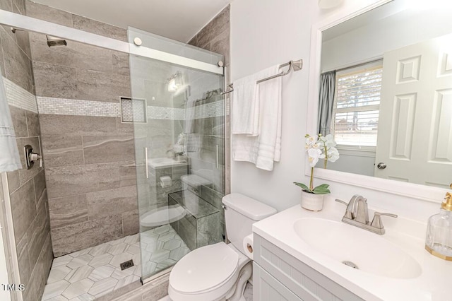 full bath with vanity, toilet, and a shower stall