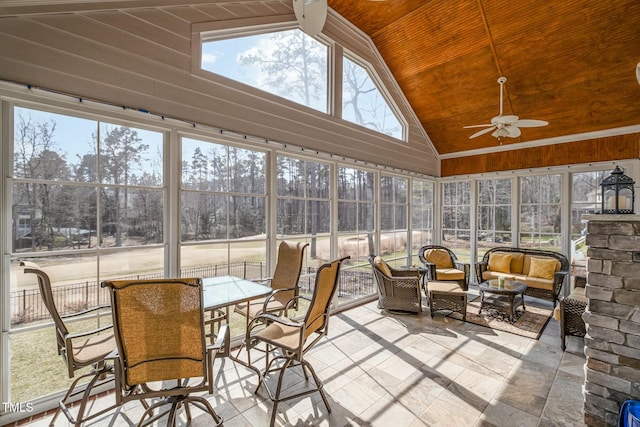 sunroom with wood ceiling, ceiling fan, and vaulted ceiling