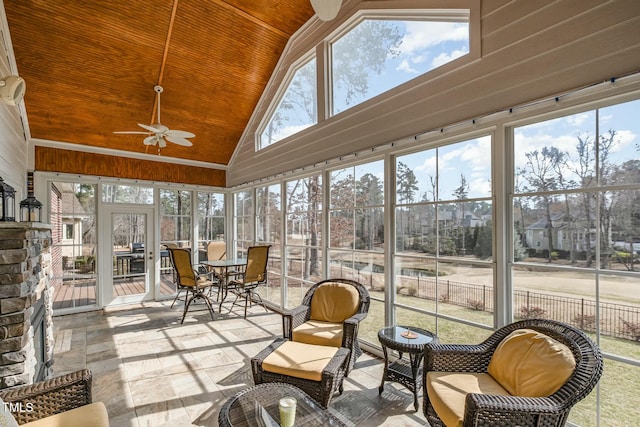 sunroom with a ceiling fan, lofted ceiling, and wood ceiling