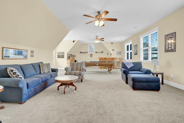 living area with baseboards, carpet, pool table, and vaulted ceiling