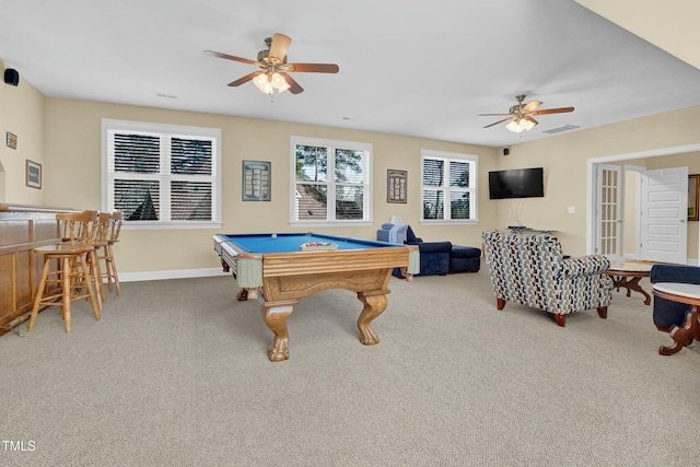 playroom with visible vents, carpet, pool table, and a ceiling fan