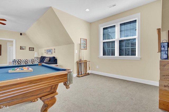 game room featuring visible vents, pool table, ceiling fan, baseboards, and carpet