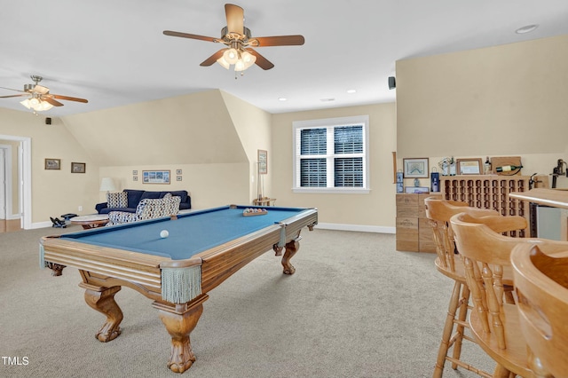 game room featuring pool table, baseboards, and carpet floors