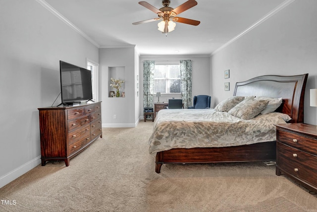 bedroom featuring a ceiling fan, light colored carpet, baseboards, and ornamental molding