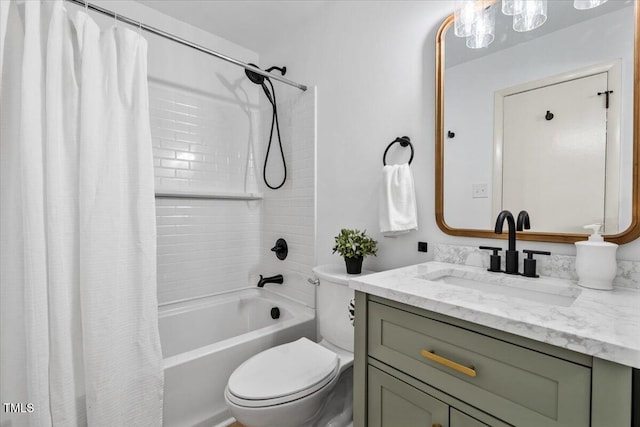 full bathroom featuring toilet, shower / bath combo with shower curtain, and vanity