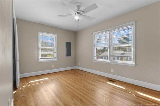 empty room featuring electric panel, baseboards, visible vents, a ceiling fan, and wood finished floors