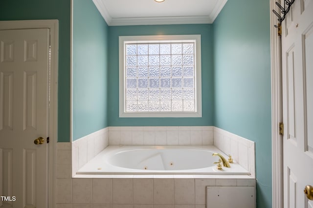 full bathroom featuring a whirlpool tub and ornamental molding