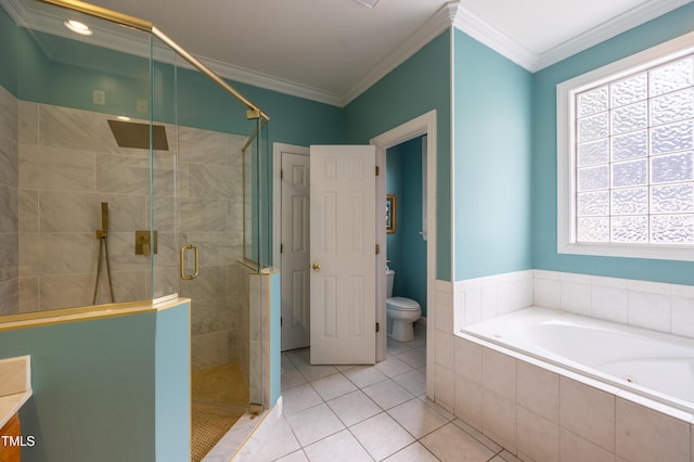 bathroom with a bath, ornamental molding, a shower stall, tile patterned floors, and toilet