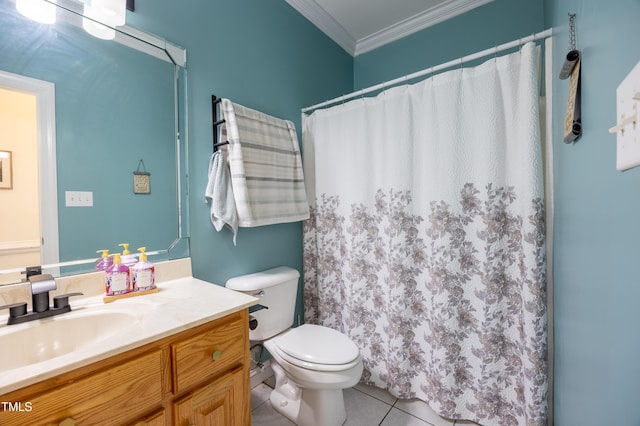 bathroom featuring toilet, curtained shower, crown molding, tile patterned flooring, and vanity