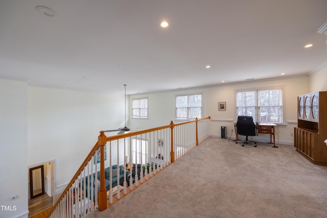 office space with recessed lighting, baseboards, ornamental molding, and carpet flooring