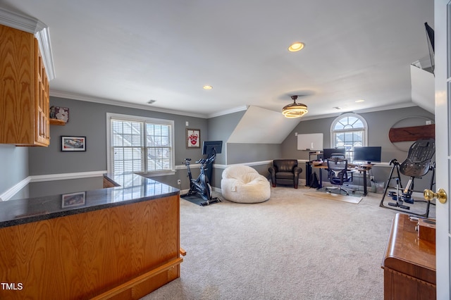 carpeted home office featuring visible vents, baseboards, lofted ceiling, recessed lighting, and crown molding