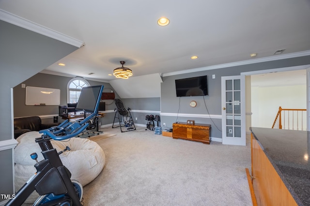 playroom featuring baseboards, lofted ceiling, carpet, and ornamental molding