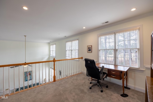 office space featuring recessed lighting, visible vents, carpet floors, and crown molding