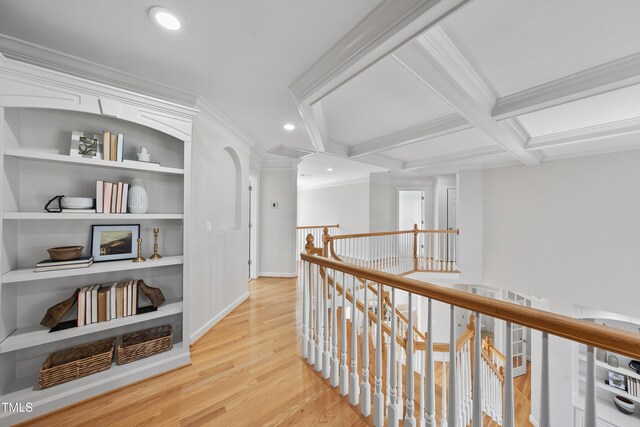 hallway with coffered ceiling, light wood finished floors, recessed lighting, beamed ceiling, and an upstairs landing