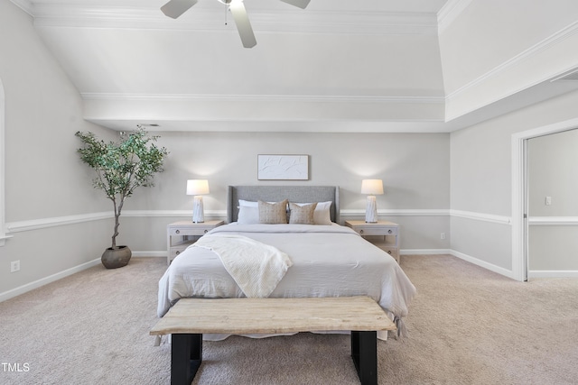 carpeted bedroom with baseboards, a ceiling fan, and crown molding