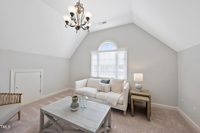 living area with carpet, baseboards, visible vents, lofted ceiling, and a chandelier