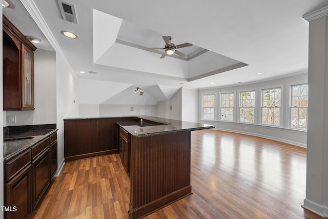 kitchen with light wood finished floors, visible vents, open floor plan, a raised ceiling, and a ceiling fan