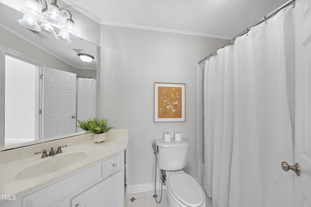 full bath featuring vanity, crown molding, toilet, and baseboards