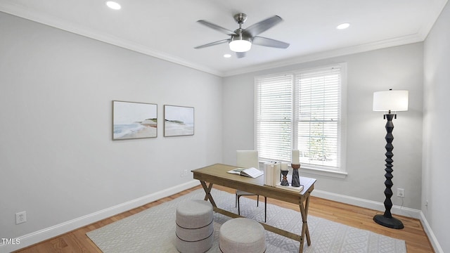 office featuring recessed lighting, baseboards, light wood-style flooring, and a ceiling fan