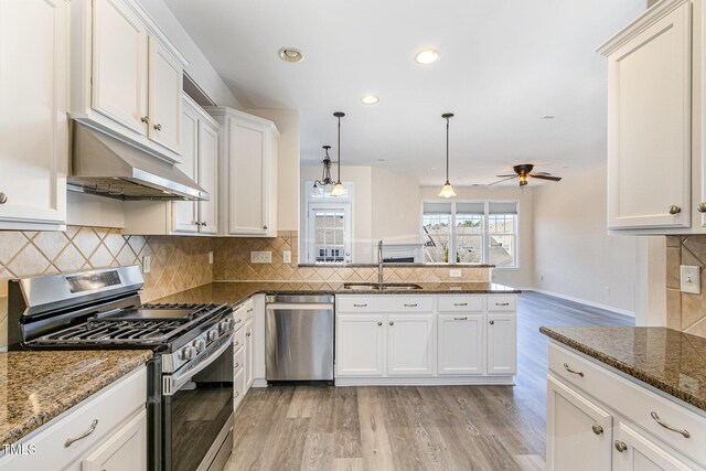 kitchen with stainless steel appliances, white cabinetry, a sink, a peninsula, and under cabinet range hood