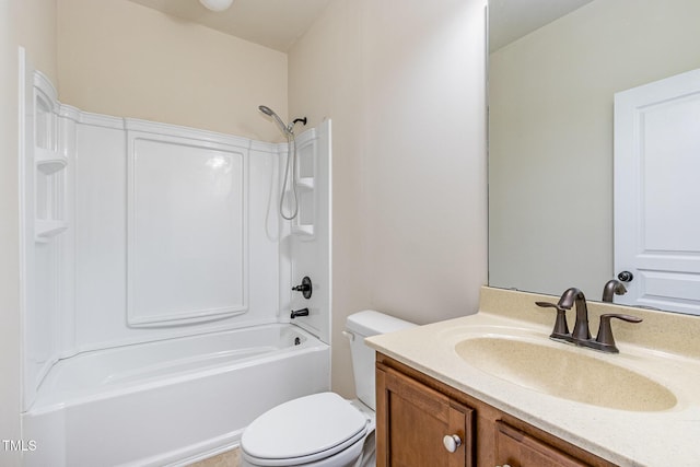 full bathroom with washtub / shower combination, vanity, and toilet