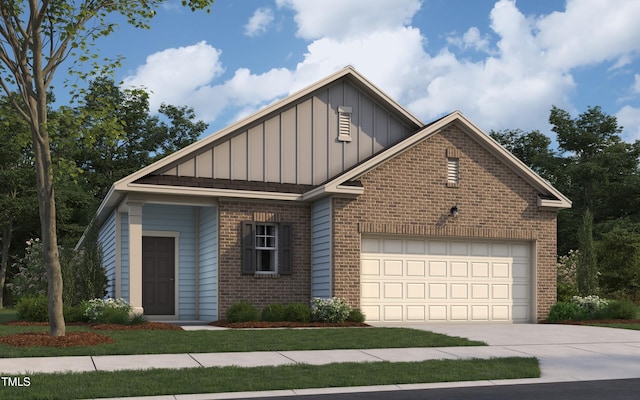 view of front of house with a garage, concrete driveway, board and batten siding, and brick siding