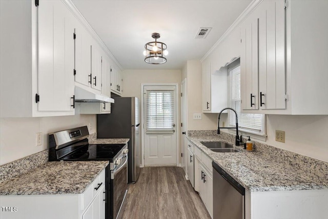 kitchen with visible vents, under cabinet range hood, appliances with stainless steel finishes, white cabinets, and a sink