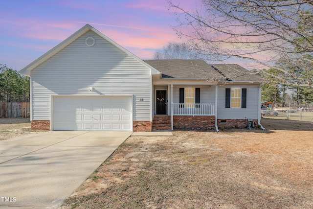 ranch-style home featuring a porch, a garage, concrete driveway, roof with shingles, and crawl space