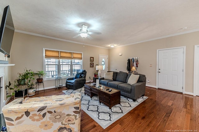 living area with baseboards, hardwood / wood-style floors, a fireplace, and crown molding