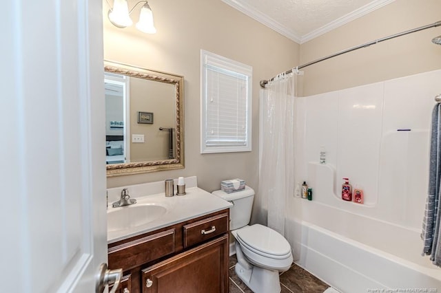 bathroom with shower / bath combination with curtain, toilet, ornamental molding, vanity, and a textured ceiling