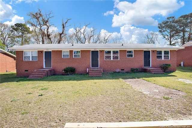 ranch-style home with brick siding, a front lawn, crawl space, and entry steps